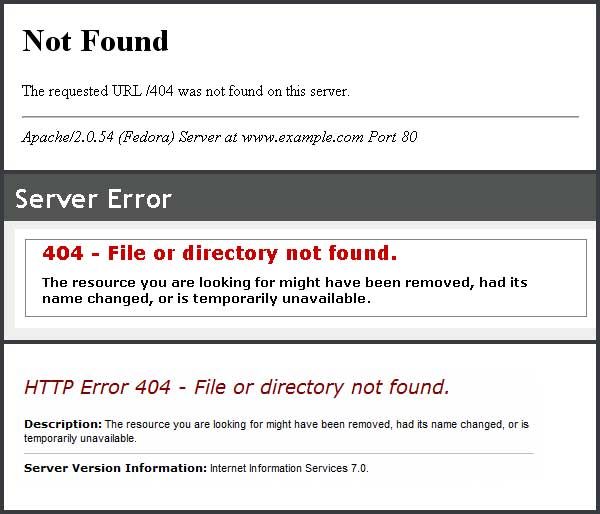 Various types of 404 pages