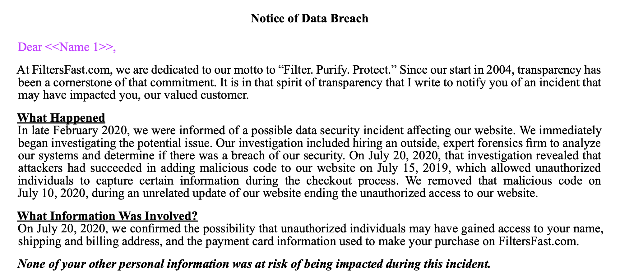 Partial Screenshot of the Notice of Data Breach