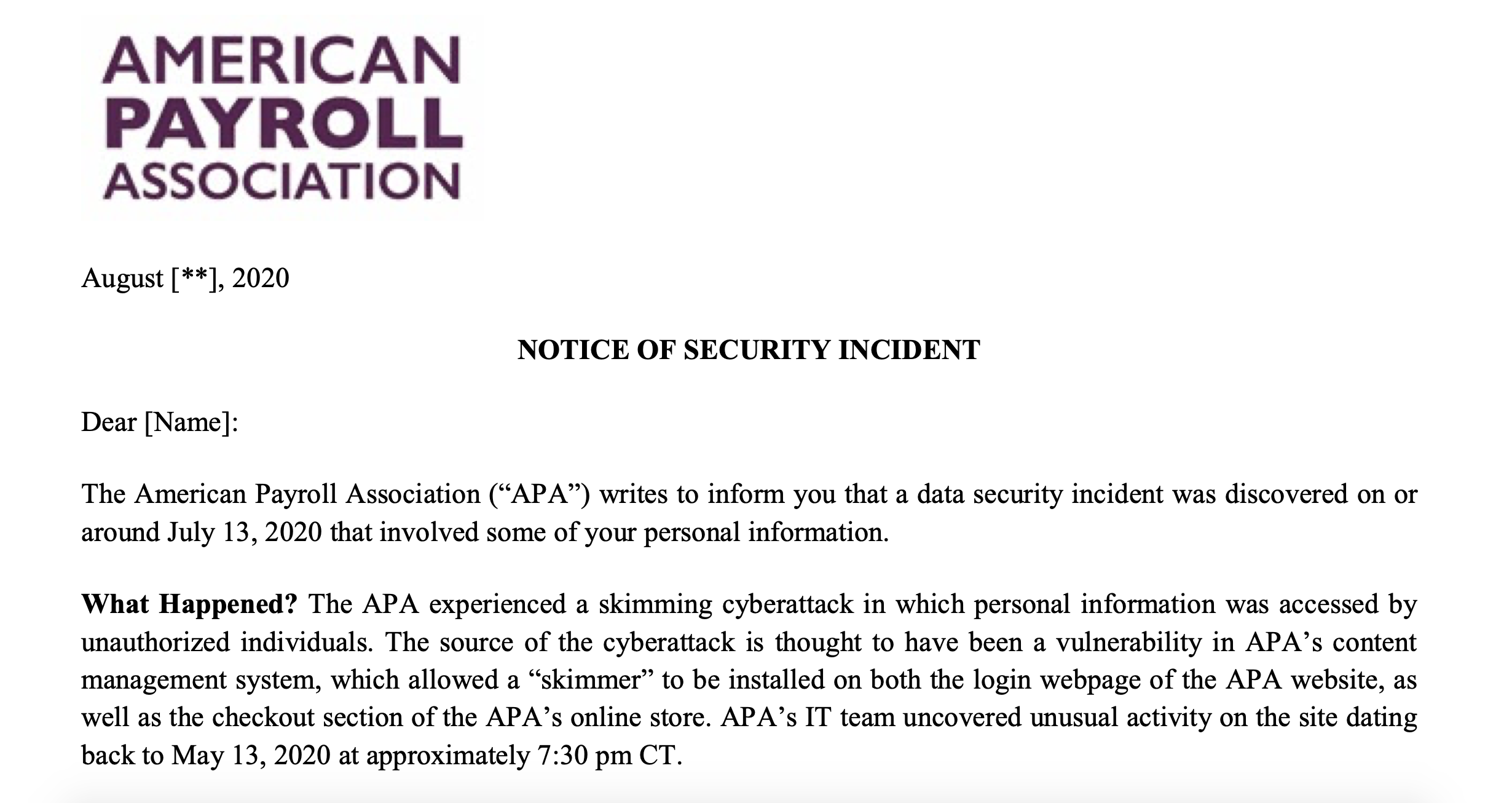 American Payroll Association Notice of Security Incident