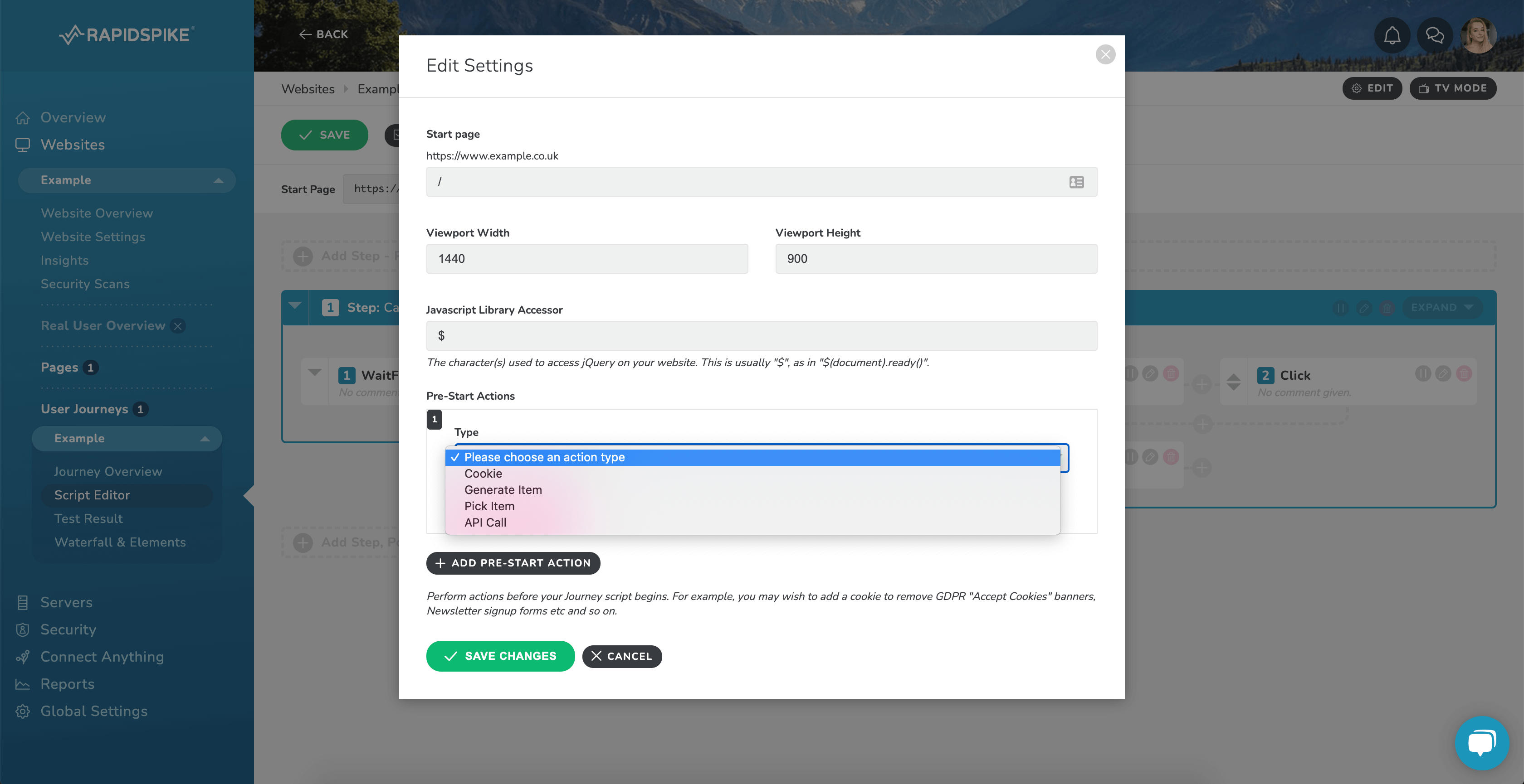 RapidSpike Journey Pre-Actions Settings