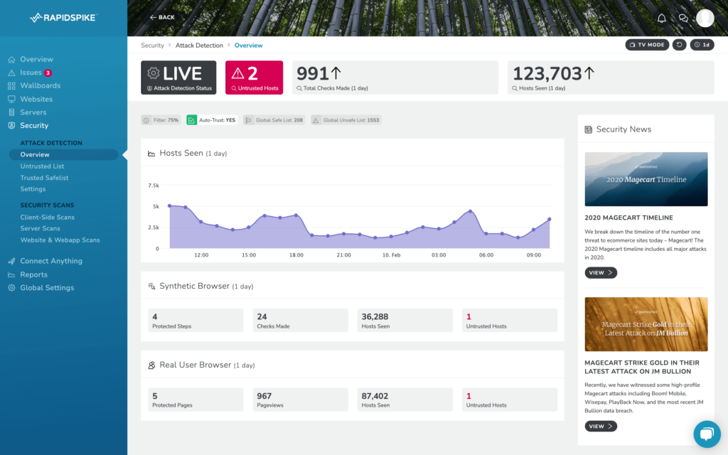 RapidSpike Magecart Attack Detection Overview Dashboard