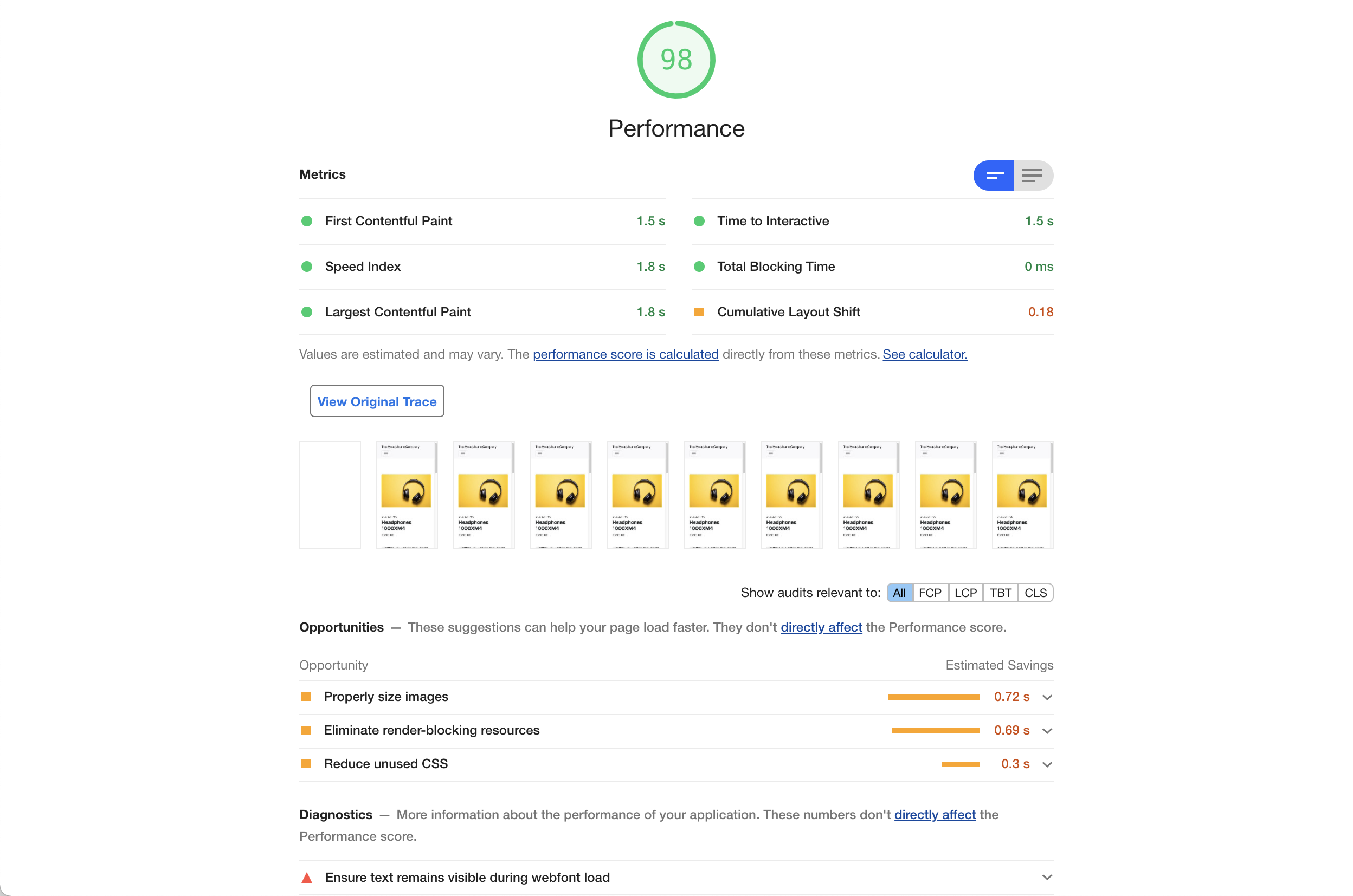 Website version A - Google Lighthouse Performance Audit