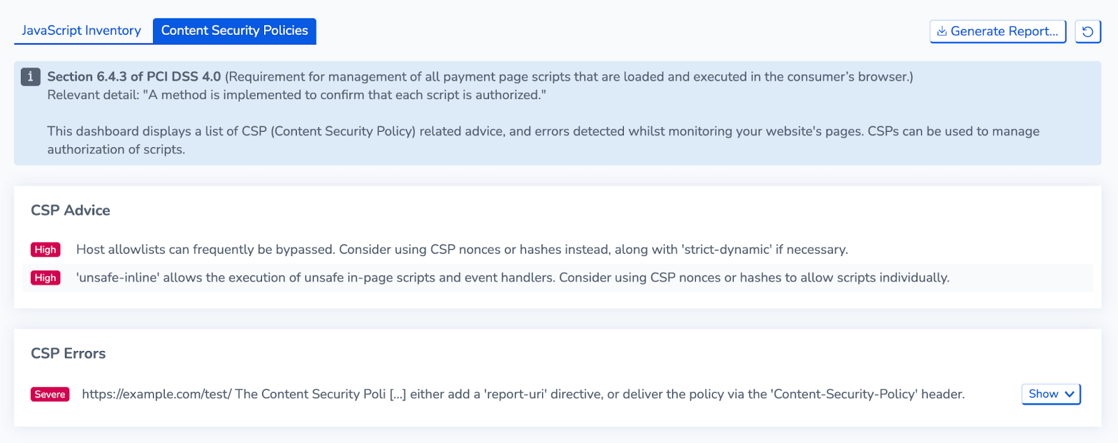 RapidSpike Content Security Policies Dashboard