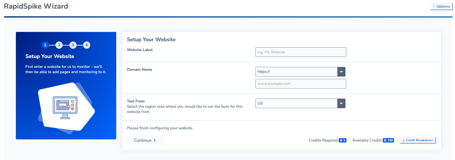 Website Monitoring Features: Setup Wizard